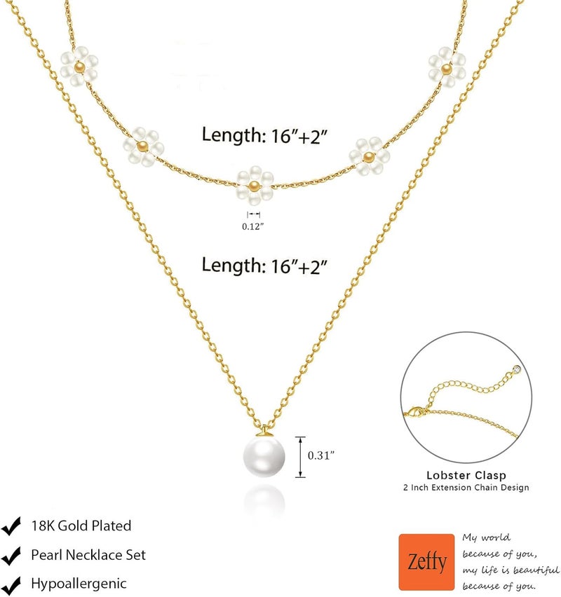 Zeffy Gold Pearl Necklace for Women, Dainty 14K Gold/Silve Plated Layered Pearl Choker Pearl Earrings Pearl Bracelets Wedding Trendy Gold Jewelry Set for Women Gifts - Image 5